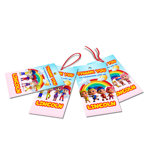 D Billions thank you tags with colorful characters and bright tones, favor tags arranged on white background