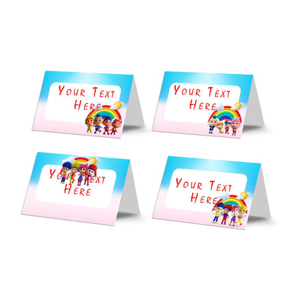 D Billions food cards with kids theme graphics and bright colors, tent style table cards on white background