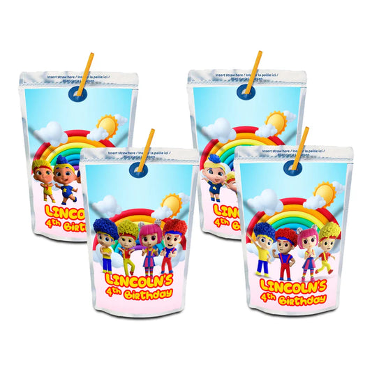 D Billions juice pouch label with kids theme graphics and bold colors, rectangular label on white background