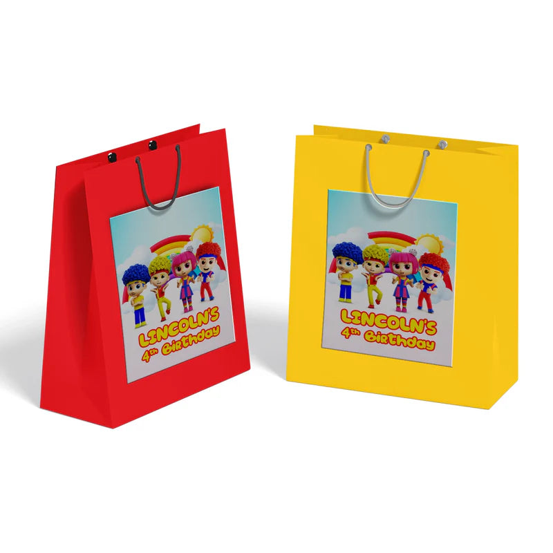 D Billions goodie bag label with kids theme graphics and bold colors, favor bag label on white background