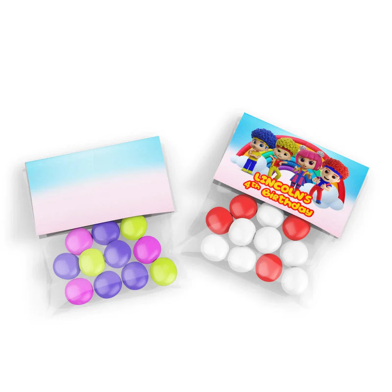 D Billions treat bag topper label with colorful design and bright tones, folded topper on white background