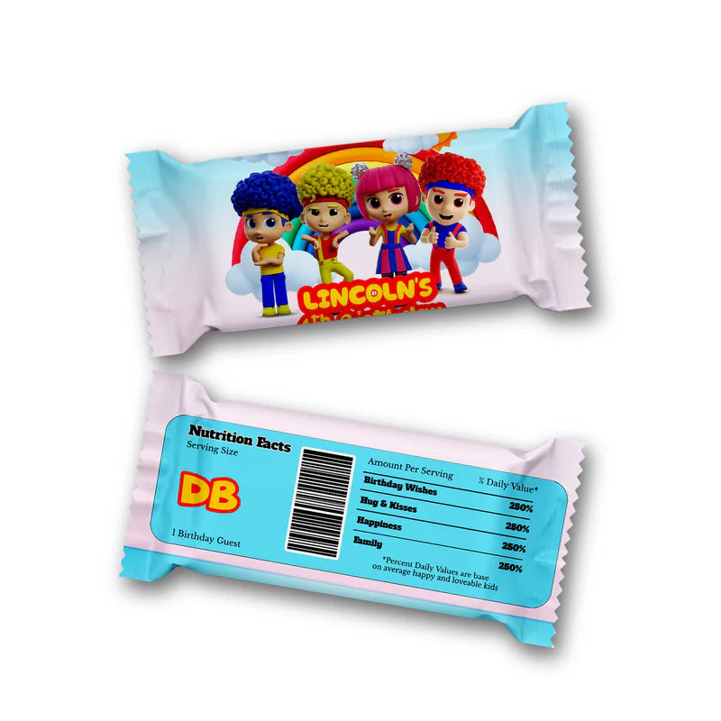 D Billions Rice Krispies treats and candy bar labels with kids theme, flat lay on white background