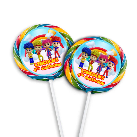D Billions lollipop label with colorful graphics and bright tones, round candy label on white background