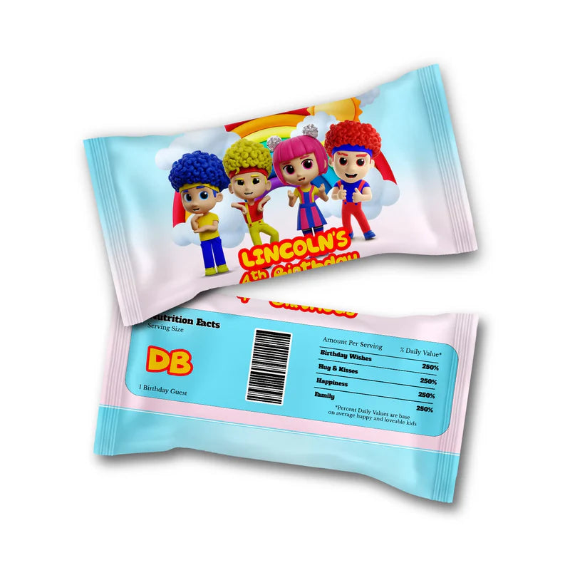 D Billions Skittles label with kids theme pattern and bold colors, candy wrap label on white background