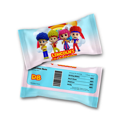 D Billions Skittles label with kids theme pattern and bold colors, candy wrap label on white background