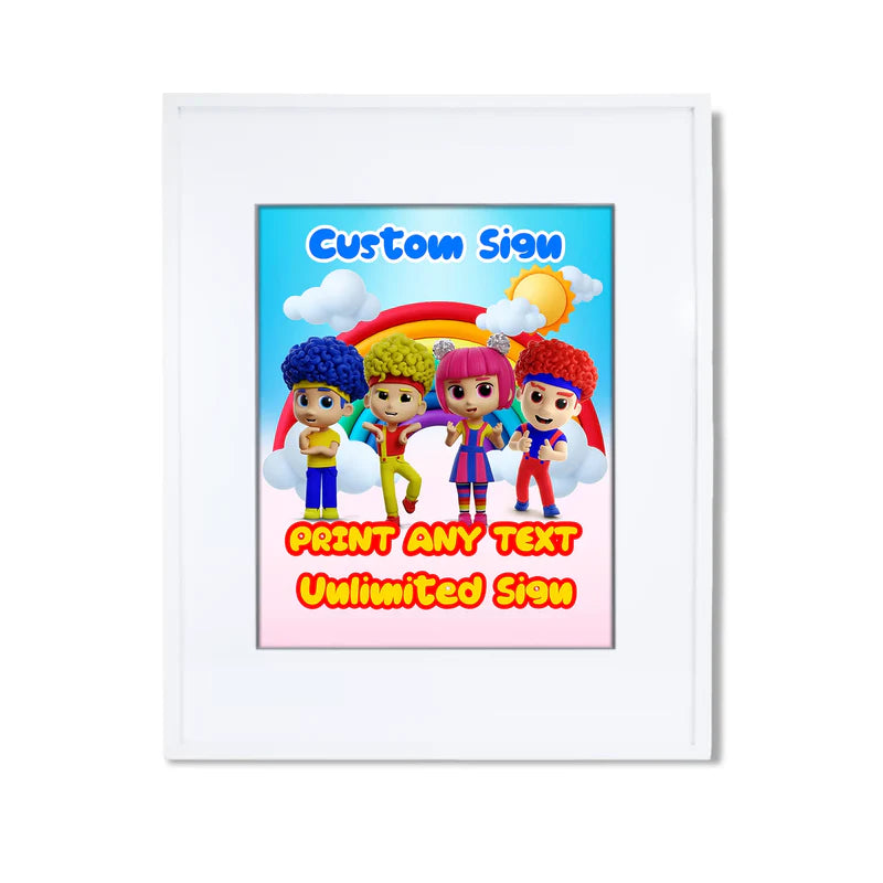 D Billions custom sign with colorful characters and bright tones, rectangular sign on white background