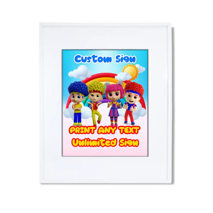 D Billions custom sign with colorful characters and bright tones, rectangular sign on white background