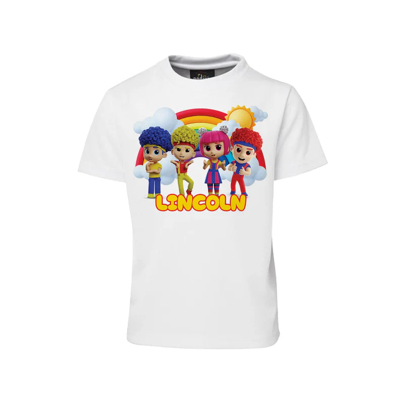 D Billions sublimation t-shirt with colorful character graphic and bright tones, shirt flat lay on white background