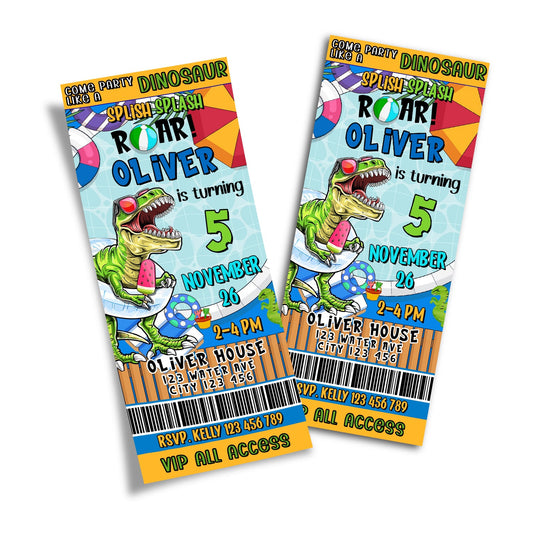 Dinosaur-themed birthday ticket-style invitations
