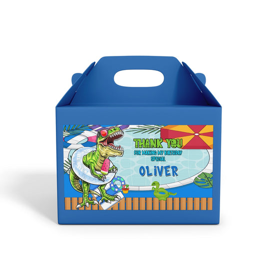 Personalized treat box label with dinosaur graphics