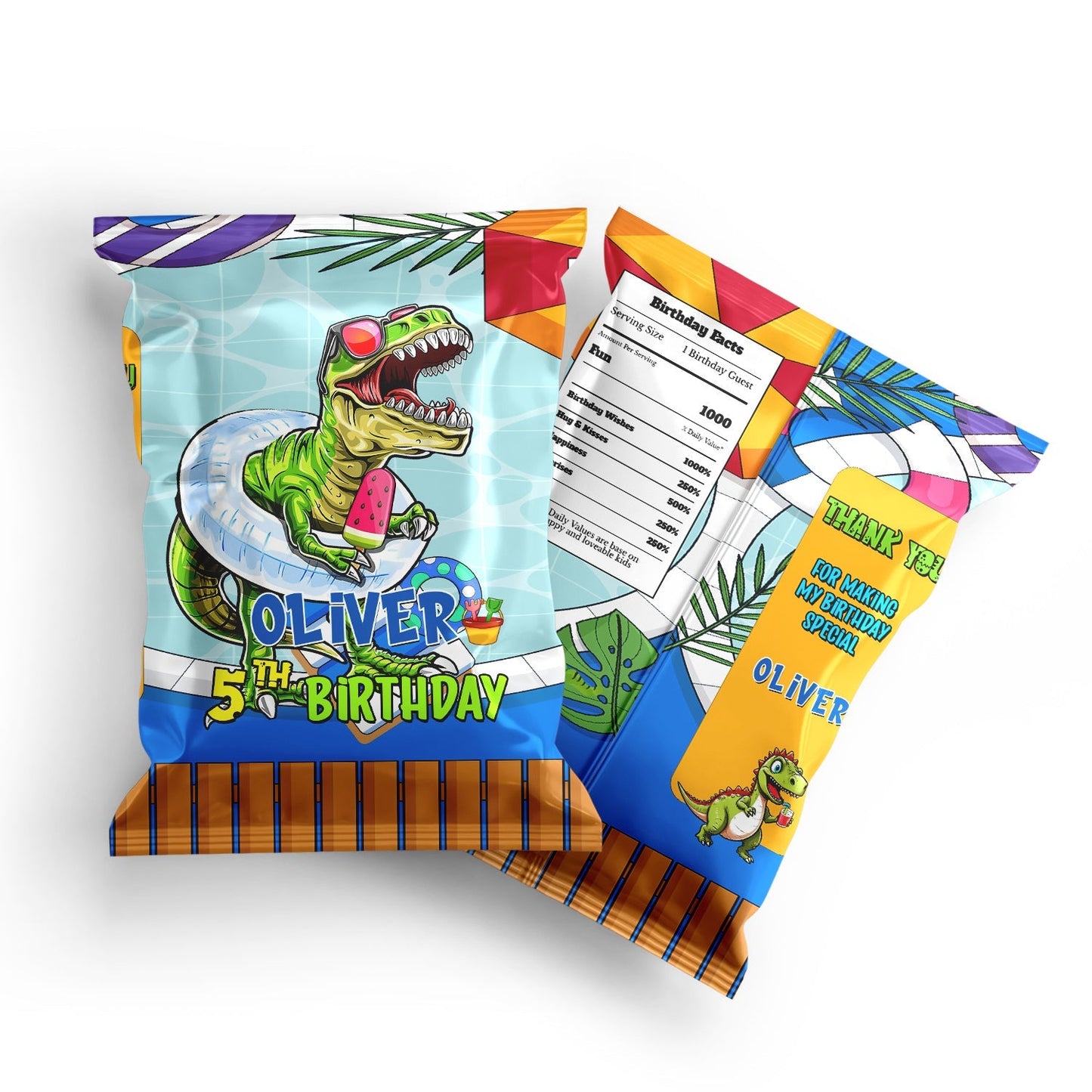 Personalized chips bag label with dinosaur illustration