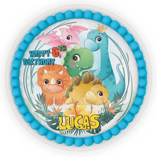 Personalized dinosaur Theme Edible Cake Image - 16.5cm Diameter - Custom dinosaur Theme Party Cake Decoration