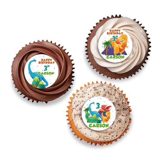 Personalized cupcake toppers designed with playful dinosaur elements and custom text 