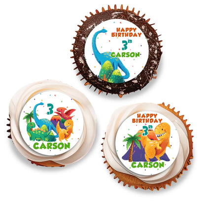 Personalized cupcake toppers designed with playful dinosaur elements and custom text 