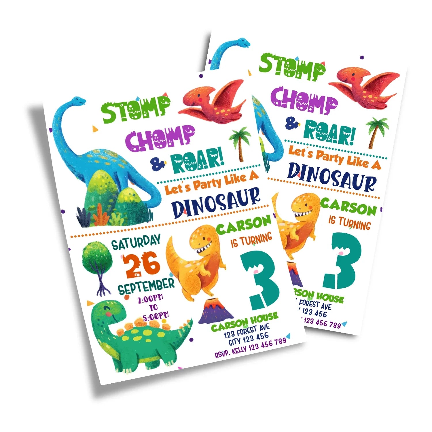 Birthday card invitation featuring a fun dinosaur theme and customizable details 