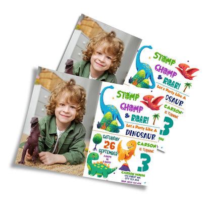 Photo card invitation with dinosaur designs and space for personal images 