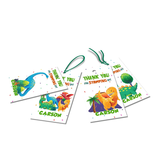 Thank you tags with adorable dinosaur designs and customizable messages 