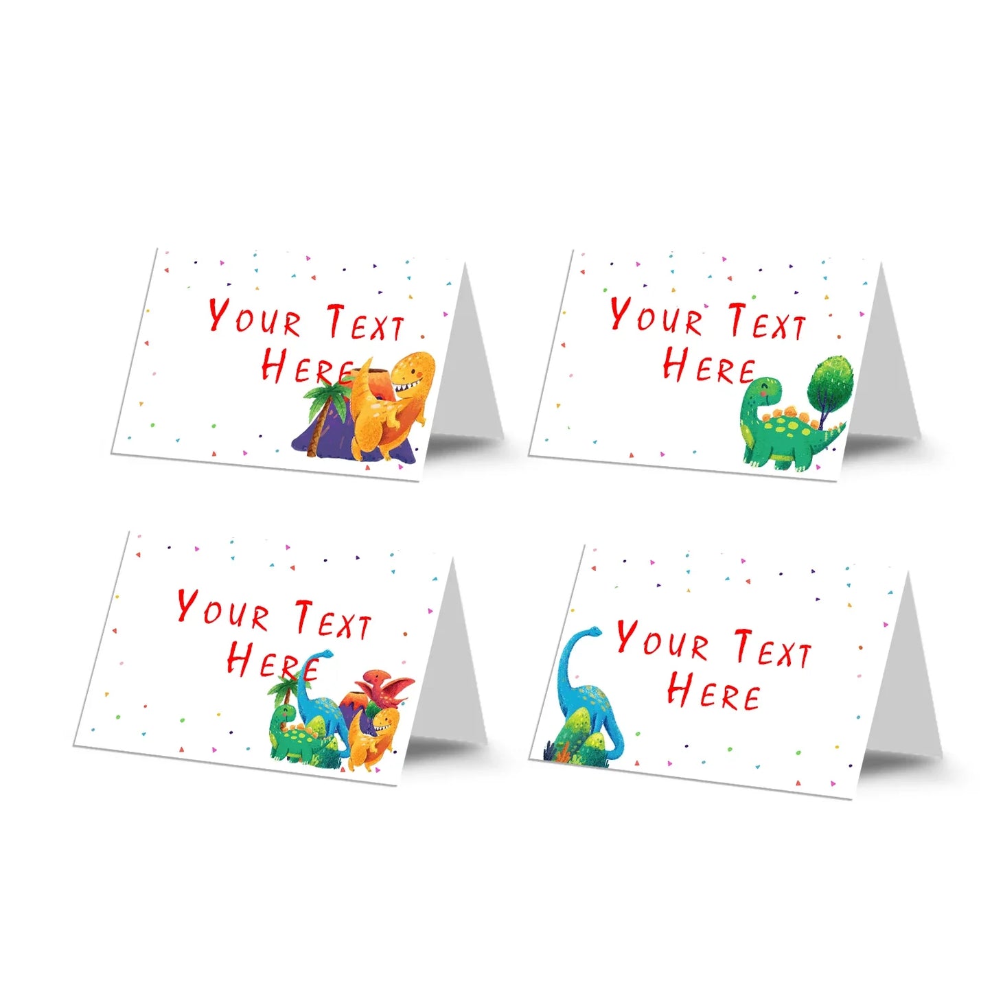 Food cards designed with colorful dinosaurs for labeling dishes at parties 