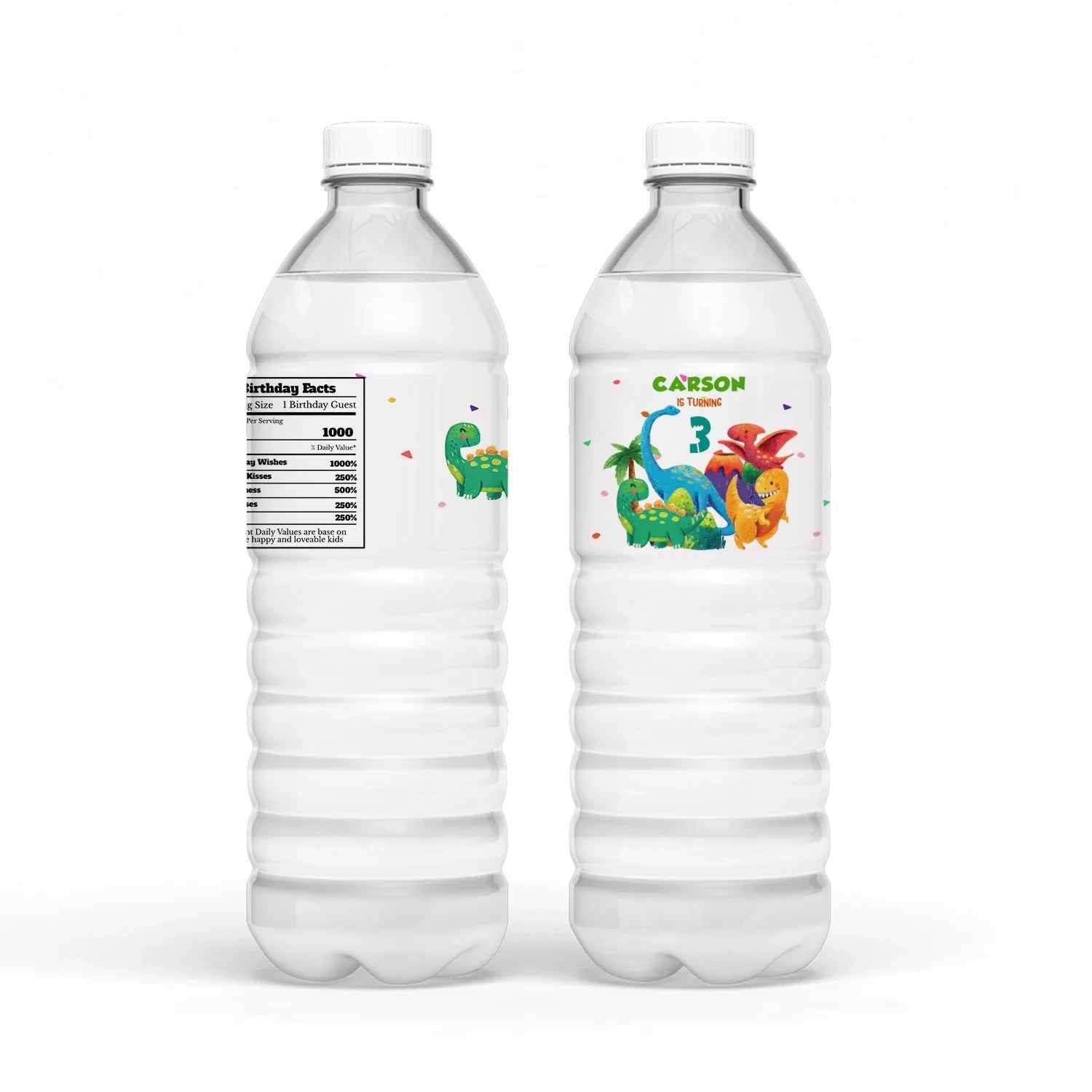 Water bottle label featuring playful dinosaur graphics and personalized details 