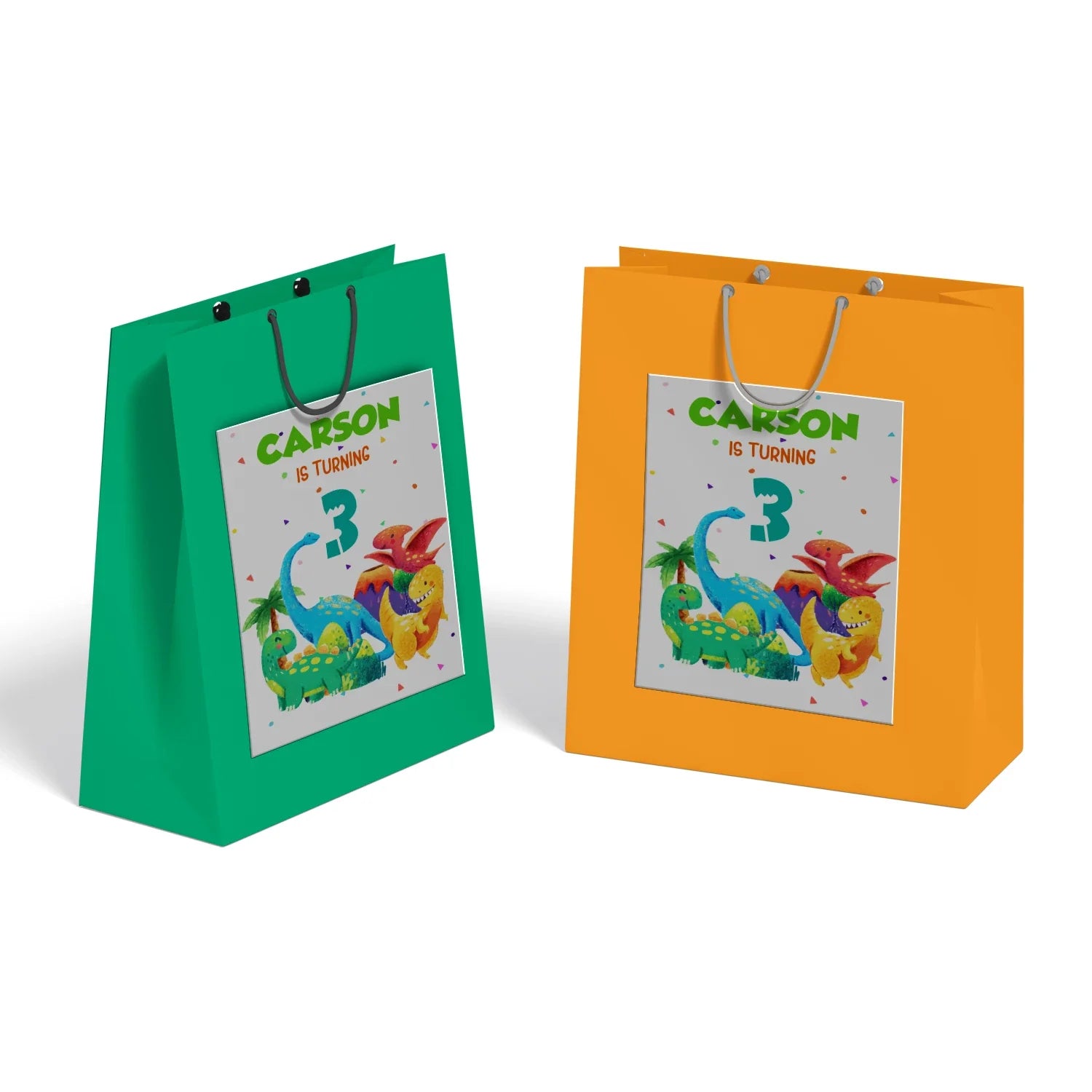 Goodie bag label designed with colorful dinosaur themes and personalized messages 