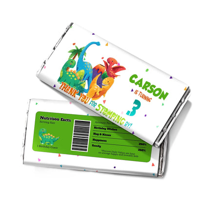 Chocolate label with colorful dinosaur graphics and personalized message 