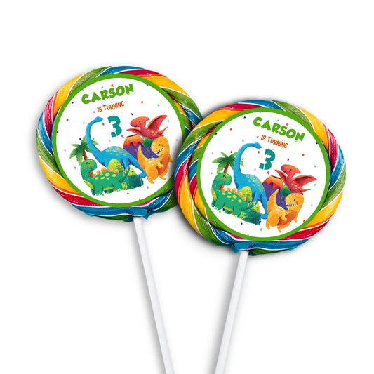 Lollipop label showcasing vibrant dinosaur designs and customizable event details 