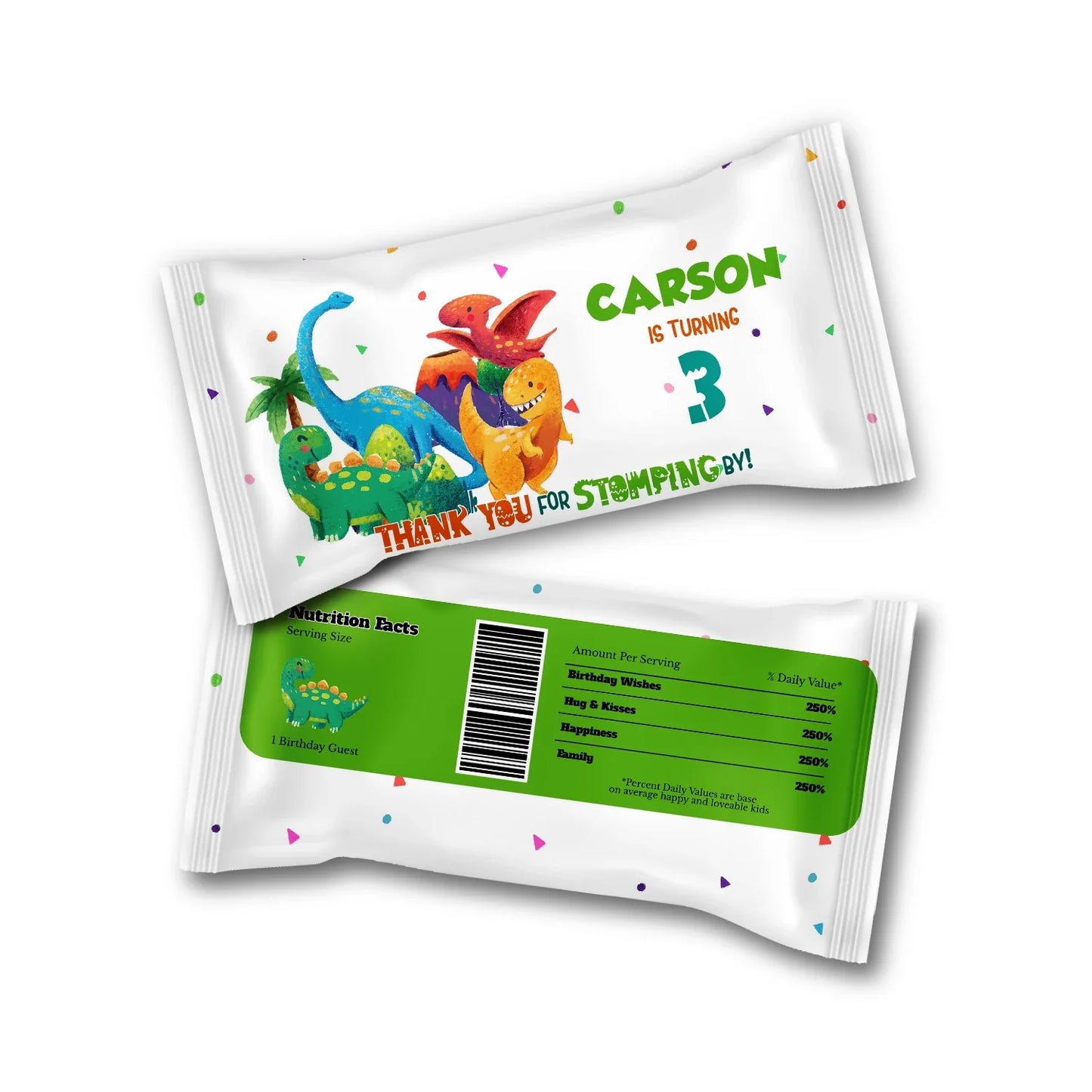 Skittles label with colorful dinosaur graphics and personalized information 