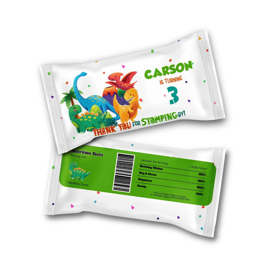 Skittles label with colorful dinosaur graphics and personalized information 