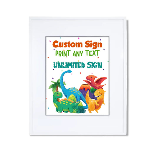 Custom sign featuring playful dinosaur graphics and personalized message 