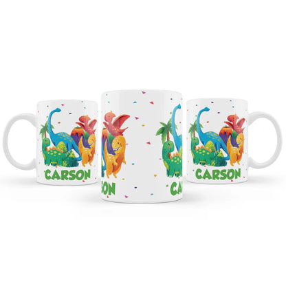 Sublimation mug featuring colorful dinosaur graphics and custom personalization 