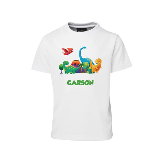 Sublimation T-shirt featuring playful dinosaur graphics and custom messages 