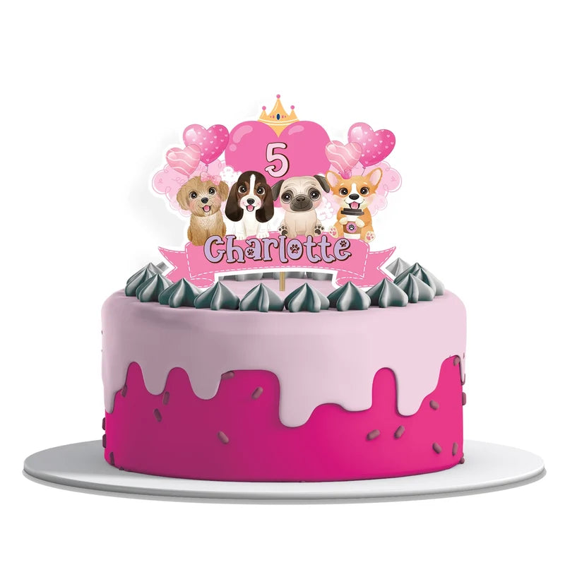 Puppy & Dog personalized cake toppers featuring ador puppy graphics on a modern dessert t display