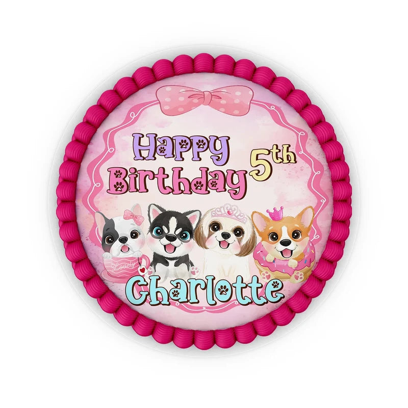 Puppy & Dog edible icing cake images with colorful puppy illustrations placed on a frosted round cake
