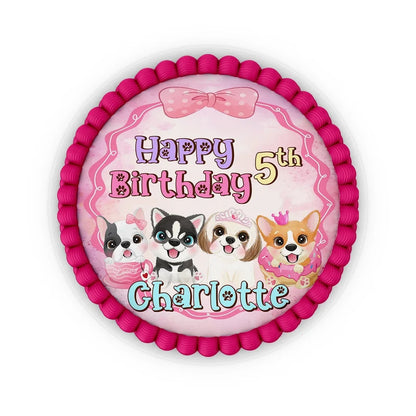 Puppy & Dog edible icing cake images with colorful puppy illustrations placed on a frosted round cake