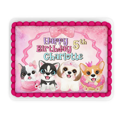 Puppy & Dog custom sheet cake images showing a vibrant birthday layout on a large rectangle cake