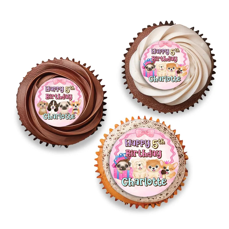 Puppy & Dog personalized cupcake toppers arranged neatly on frosted treats against a neutral backdrop