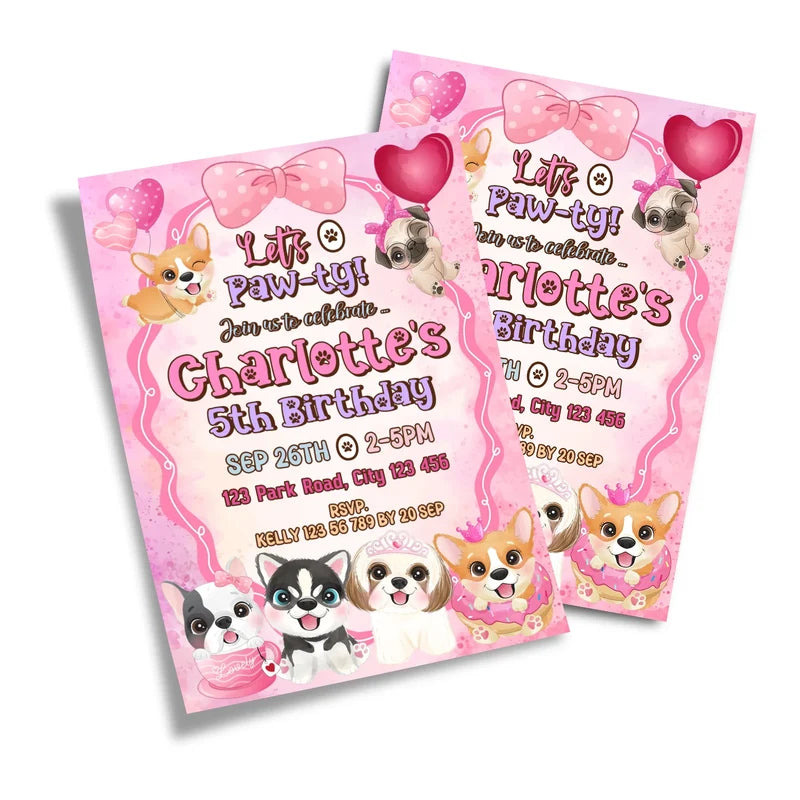 Puppy & Dog birthday card invitations displaying a bright dog template layout on a minimal background