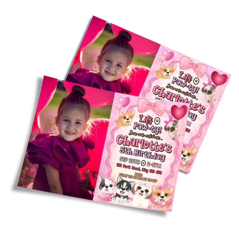 Puppy & Dog photo card invitations featuring a custom picture frame layout on a clean studio background