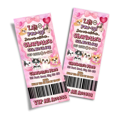 Puppy & Dog birthday ticket invitations showing a vibrant event pass style layout with bold typography