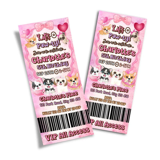 Puppy & Dog birthday ticket invitations showing a vibrant event pass style layout with bold typography