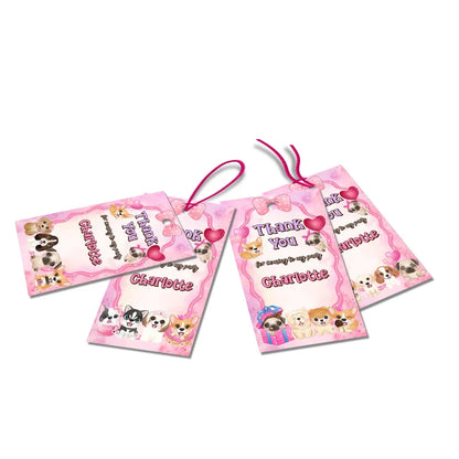 Puppy & Dog thank you tags with colorful text accents displayed on a neatly wrapped party favor box