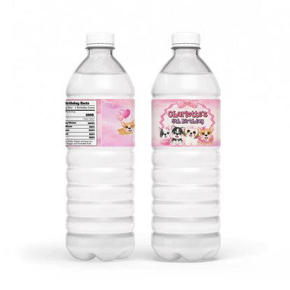Puppy & Dog water bottle label wrap showing a colorful party theme layout on a clear plastic bottle