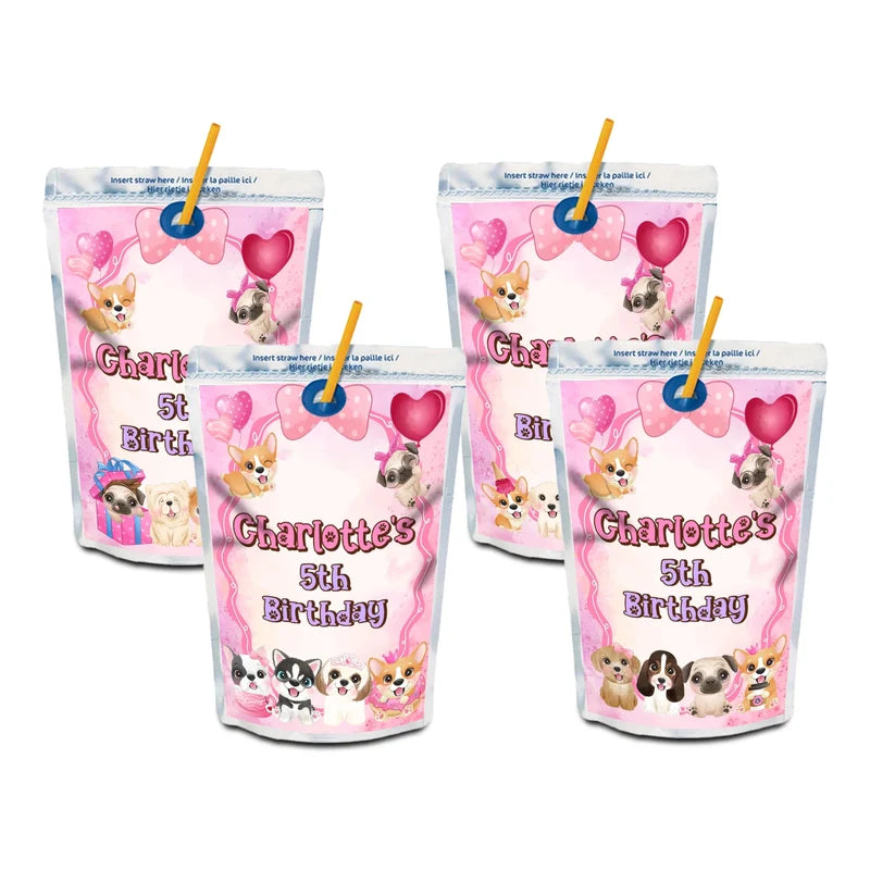 Puppy & Dog juice pouch label mockup featuring a vibrant birthday design attached to a silver pouch