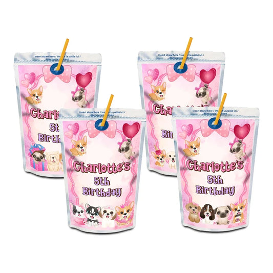 Puppy & Dog juice pouch label mockup featuring a vibrant birthday design attached to a silver pouch