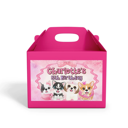 Puppy & Dog treat box label showing a colorful custom design layout on a mini favor box container
