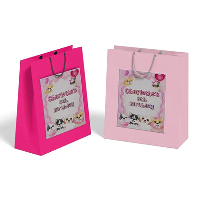 Puppy & Dog goodie bag label featuring a vibrant party theme design applied to a classic paper gift bag