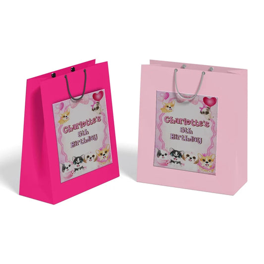 Puppy & Dog goodie bag label featuring a vibrant party theme design applied to a classic paper gift bag