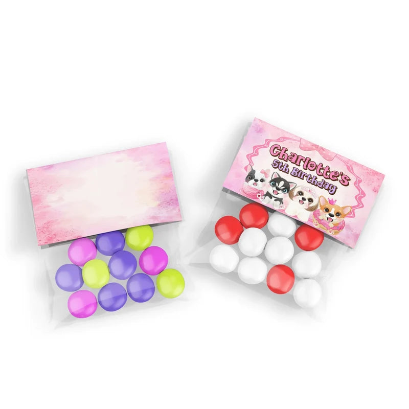 Puppy & Dog treat bag topper label showing a colorful folded paper design sealing a clear candy pouch