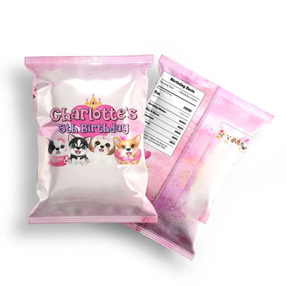 Puppy & Dog chips bag label mockup displaying a vibrant custom snack bag layout on a clean background