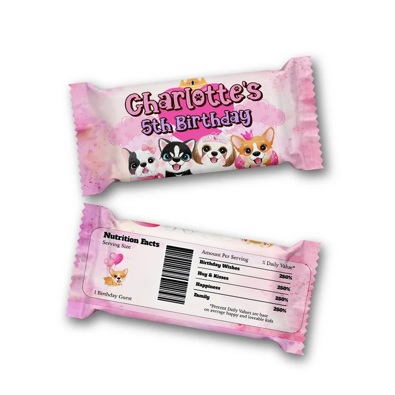Puppy & Dog Rice Krispies treats and candy bar labels shown together in a vibrant party snack display